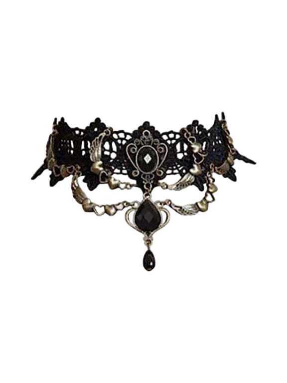Halloween Skull Choker Necklace, Gothic Black Lace Rhinestone Skull Pendant for Women Cosplay Vampire Jewelry, 13.78in, 0.05 lb