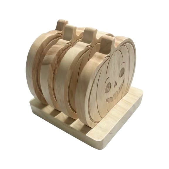 Leeye Halloween Wooden Pumpkin Coasters - 4-Piece Set, Cute Face Design, for Tabletop, Coffee & Seasonal Decor