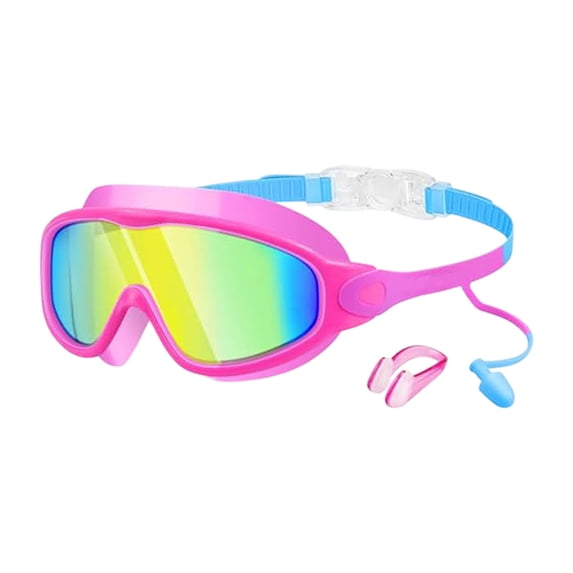 Leeye Kids Swim Goggles with Earplugs & Nose Cover, Anti-Fog Wide View Swimming Goggles for Age 5-15, Adjustable Goggles for Pool, Light Pink