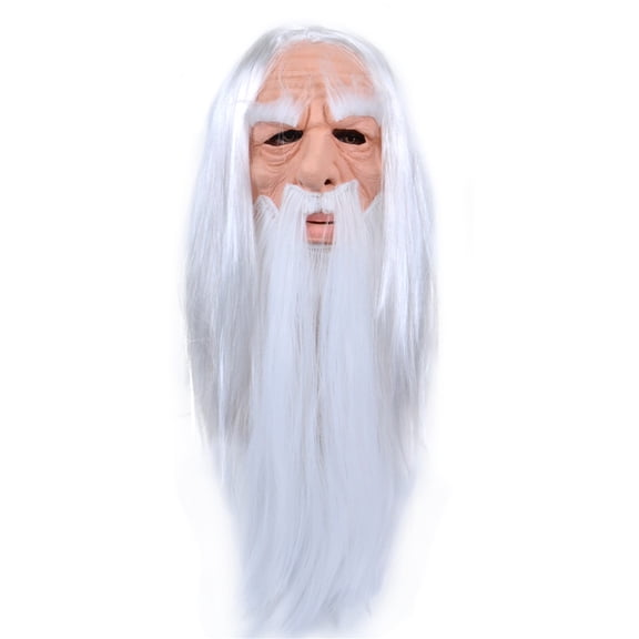 Leeye Latex Wizard Full Head Mask, Long Hair Halloween , Scary Wizard Cosplay Prop, Party Masquerade Accessory, Silver 25.6in