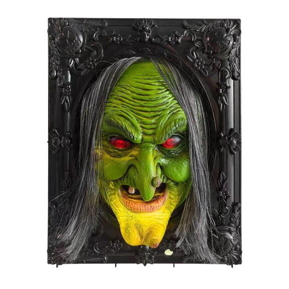 Leeye Motion Sensor Halloween Witch Wall Hanging, Haunted Talking Witch Picture Frame with Sound Activation, Scary Animated Witch Wall Decor for Indoor Party Haunted House