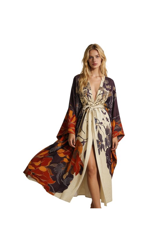 Regular Long Belted Kimono Robe, Print Swimsuit Cover Up, Boho Cardigan Sleepwear, Summer Beach Vacation Outfits Essentials Loungewear, Soft Spandex, XS-4XL for Choose (Women's & Women's Plus)