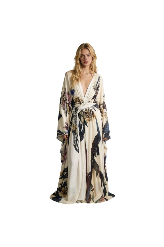 Regular Long Belted Kimono Robe, Print Swimsuit Cover Up, Boho Cardigan Sleepwear, Summer Beach Vacation Outfits Essentials Loungewear, Soft Spandex, XS-4XL for Choose (Women's & Women's Plus)
