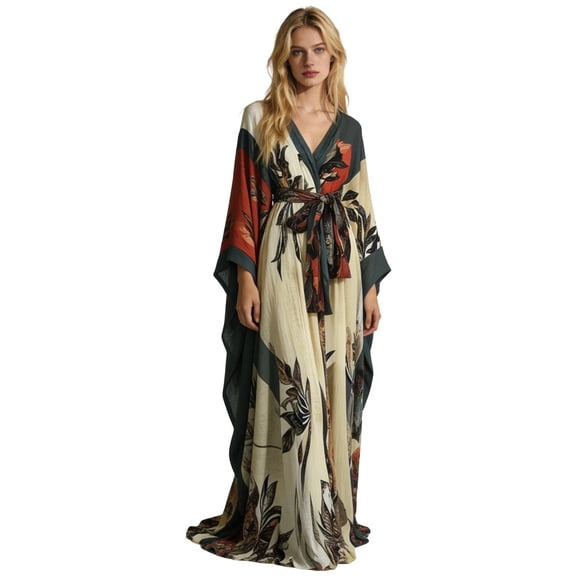 Leeye Regular Long Belted Kimono Robe, Print Swimsuit Cover Up, Boho Cardigan Sleepwear, Summer Beach Vacation Outfits Essentials Loungewear, Soft Spandex, XS-4XL for Choose (Women's & Women's Plus)