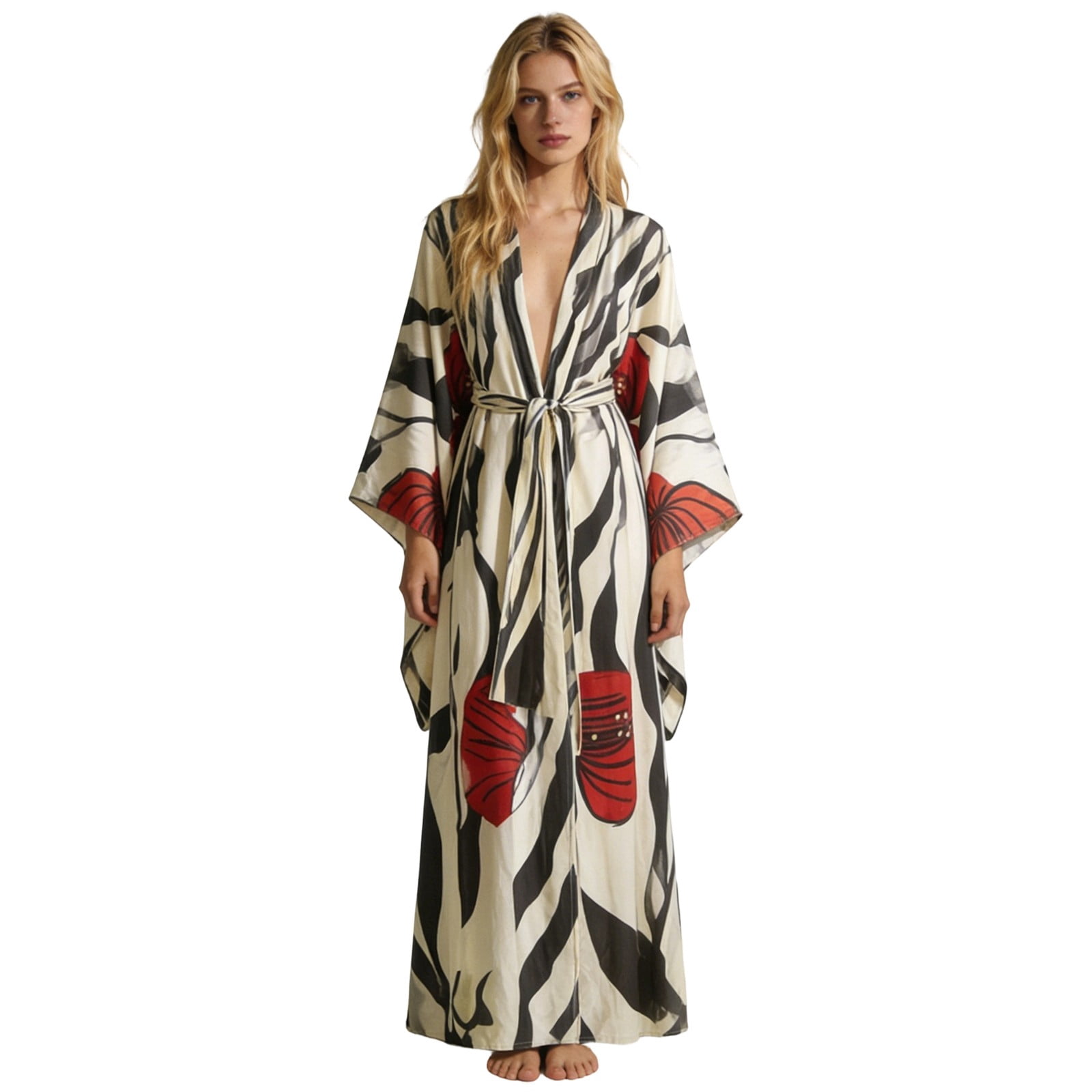 Leeye Regular Long Belted Kimono Robe, Print Swimsuit Cover Up, Boho ...