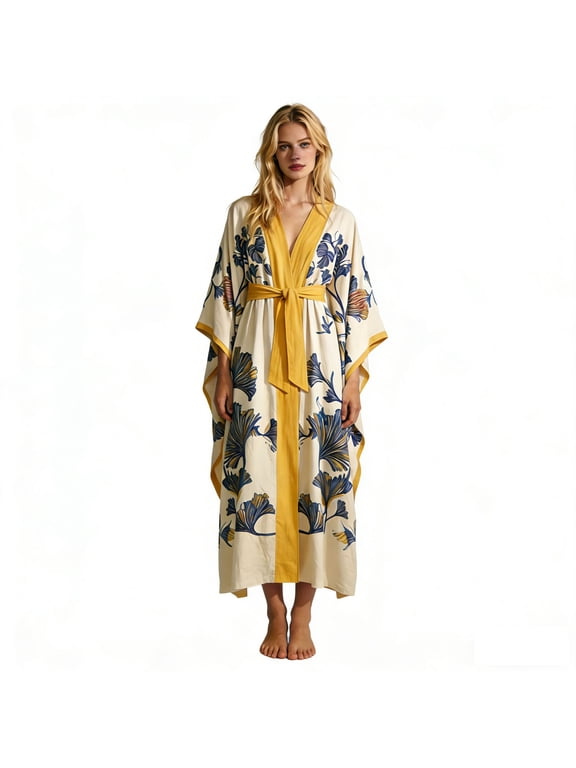 Regular Print Belted Kimono Robe, Long Swimsuit Cover Up, Boho Cardigan Loungewear, Summer Beach Vacation Outfits Essentials Sleepwear, Soft Spandex, XS-4XL for Choose (Women's & Women's Plus)