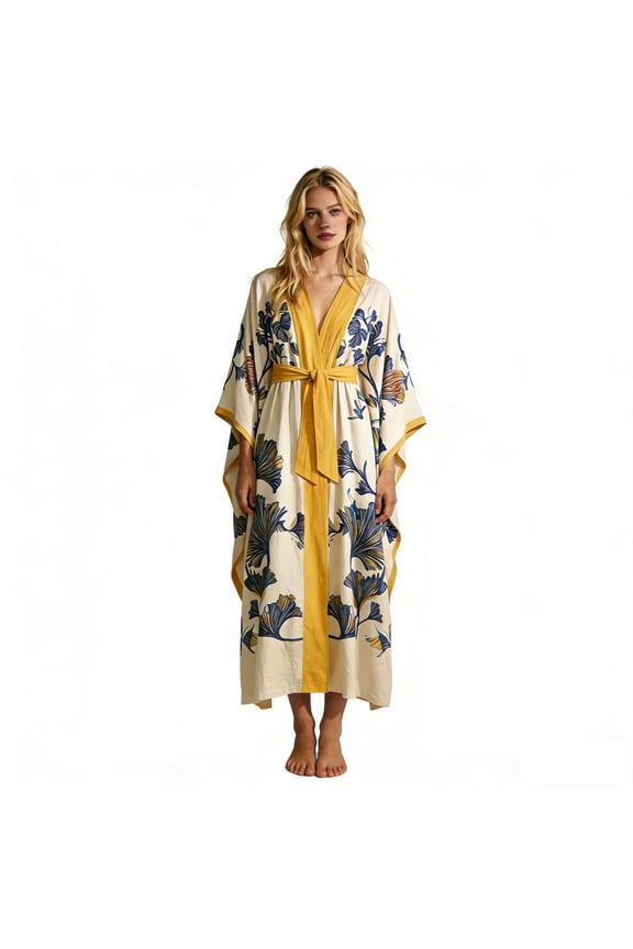 Regular Print Belted Kimono Robe, Long Swimsuit Cover Up, Boho Cardigan Loungewear, Summer Beach Vacation Outfits Essentials Sleepwear, Soft Spandex, XS-4XL for Choose (Women's & Women's Plus)