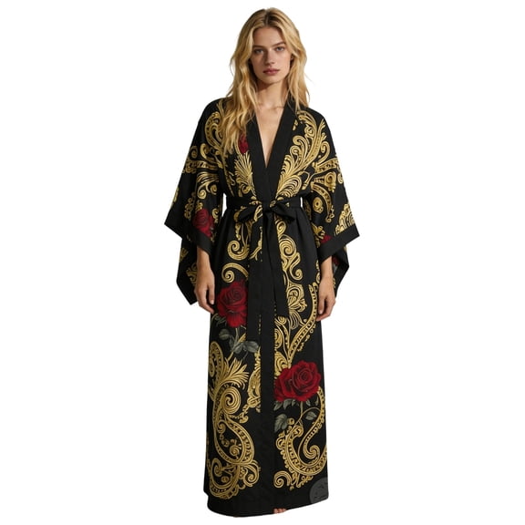 Leeye Regular Print Belted Kimono Robe, Long Swimsuit Cover Up, Boho Cardigan Loungewear, Summer Beach Vacation Outfits Essentials Sleepwear, Soft Spandex, XS-4XL for Choose (Women's & Women's Plus)