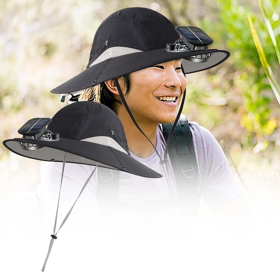 Leeye Solar Powered Fan Hat with 2 Fans, Wide Brim UPF 50+ Sun Cap with USB & Solar Charging, Adjustable Cooling Hat for Fishing Hiking Camping, Khaki, 0.73 lb