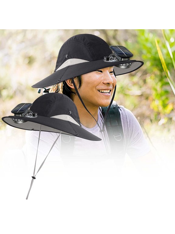 Solar Powered Fan Hat with 2 Fans, Wide Brim UPF 50+ Sun Cap with USB & Solar Charging, Adjustable Cooling Hat for Fishing Hiking Camping, Khaki, 0.73 lb