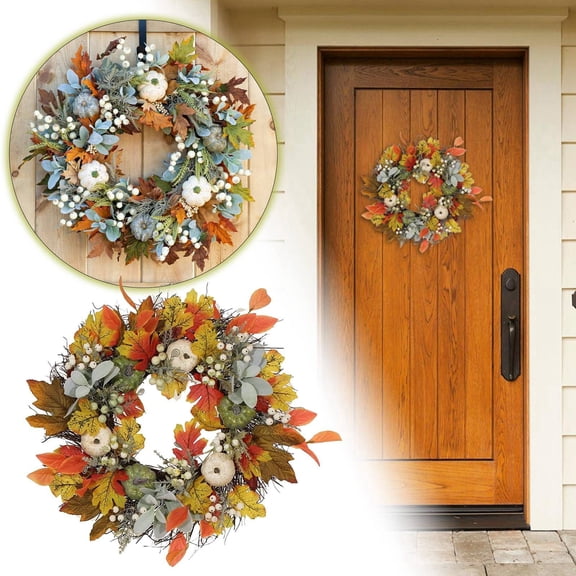 Leeye White Maple Leaf and Pumpkin Fall Wreath, Gold Harvest Door Decoration for Halloween Thanksgiving Front Porch, 15.75in, 0.72 lb