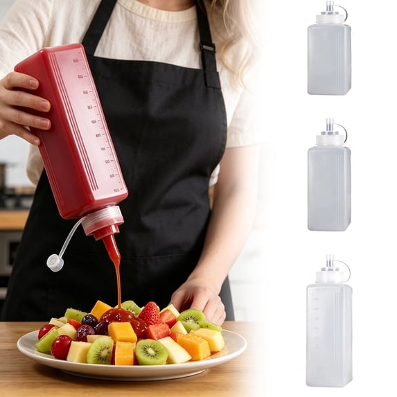 Leeye Wide Mouth Squeeze Bottle with Measurement Marks, 19 oz Reusable Condiment Dispenser, Kitchen Sauce Bottle for Pancakes Oil Dressing, White