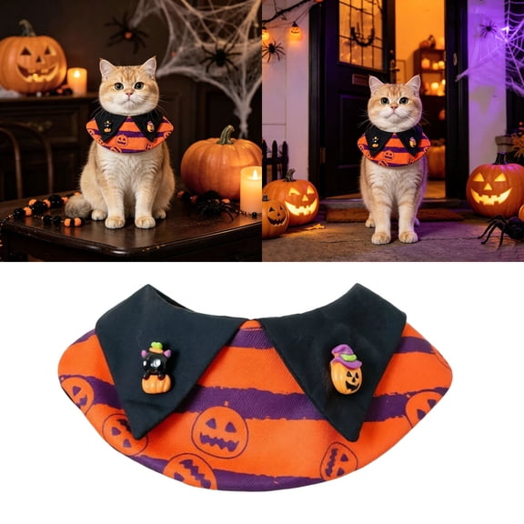 Leeye Witch Figure Halloween Ruffled Cape Collar Bandana Purple Bat Pumpkin Candy Corn Print Neck Scarf With Black Satin Bow Frilly Gothic Adjustable 3D Orange