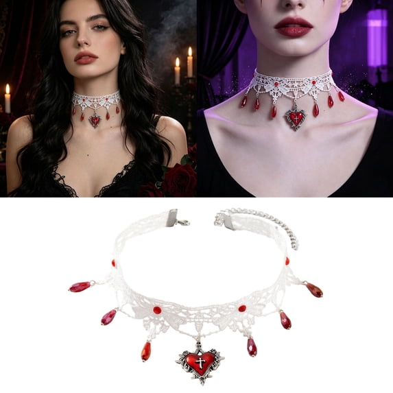 Leeye Witch Figure White Lace Gothic Choker Necklace For Red Heart Pendant Teardrop Bead Tassel Collar Jewelry Halloween Dark Pun Cosplay
