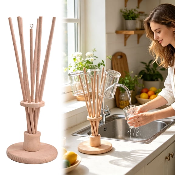 Leeye Wooden Bottle Drying Rack Reusable Bottle Storage Stand 8 Rod Countertop Drying Tree for Water Wine Soda Bottles Kitchen Organization Beige 15.35in