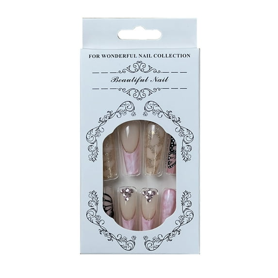 Lefan Long Coffin False Nail, Press on Nail, Pink, Butterfly, Rinestone, Glitter, 24 Pieces