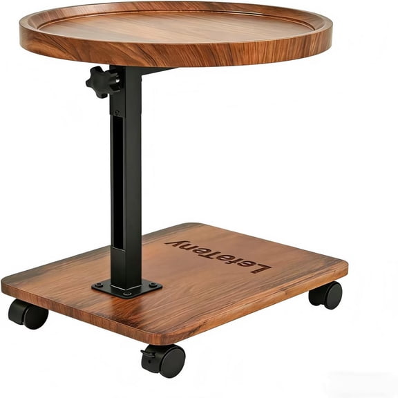 LefeTeny Height Adjustable Rolling Side Table, 20" Round Tray Top Mobile End Table with Wheels