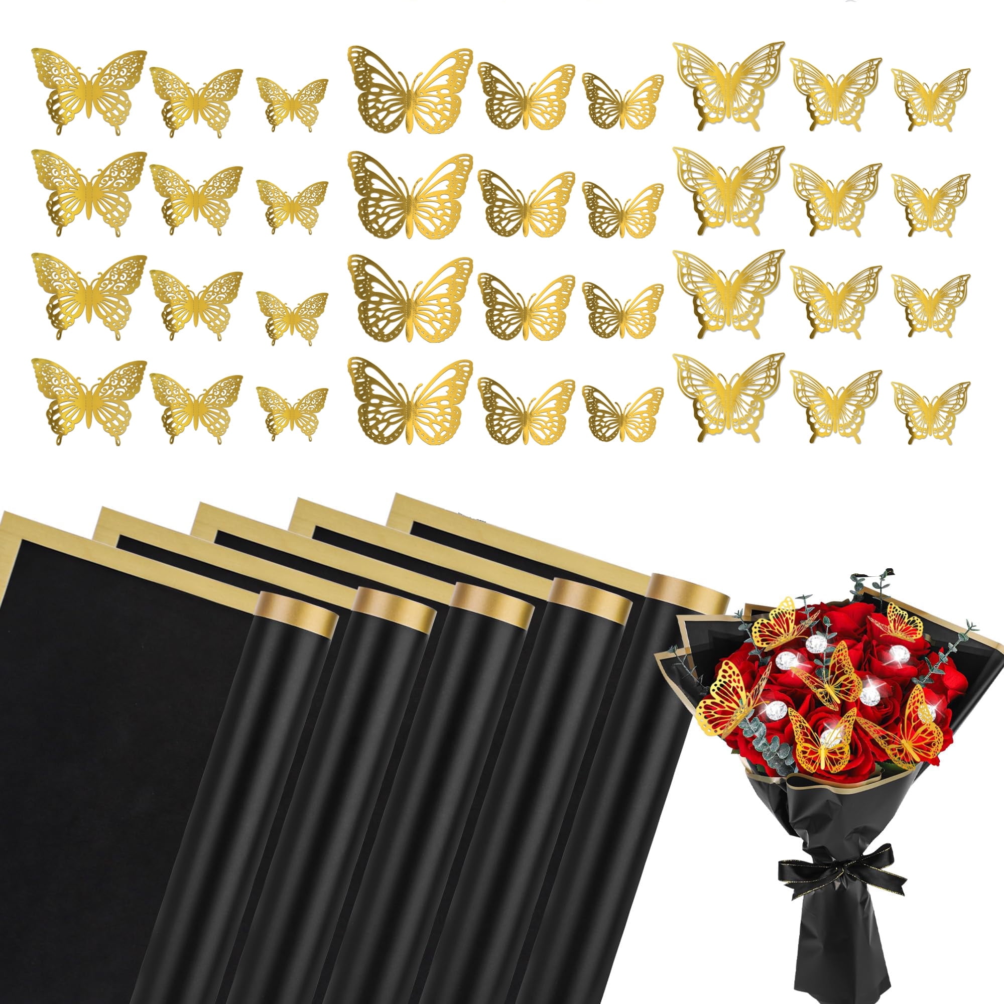Lefiocky 20 Sheet Flower Wrapping Paper and 72 Pcs 3D Butterfly Wall ...