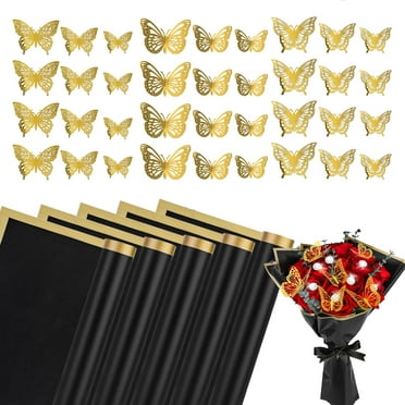Lefiocky 20 Sheet Flower Wrapping Paper and 72 Pcs 3D Butterfly Wall Decor, Black