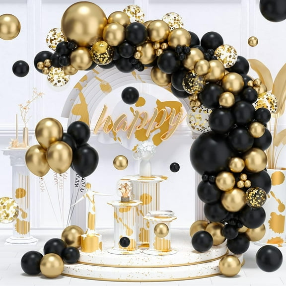 Lefiocky Metallic Gold Balloons, 122 PCS Black Gold Balloons Different Sizes Pack of 18 Inch 12 Inch 10 Inch 5 Inch