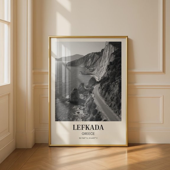 Lefkada Greece Black And White Coastal Art Print With Map Coordinates