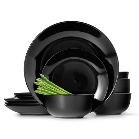 Lefonte Dinnerware Sets, Fine Porcelain Dinnerware Sets, Plates and Bowls Sets, Dishes, 12-Piece Service for 4, Black