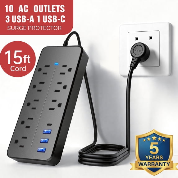 Lefree Surge Protector Power Strip with 8 Outlets 4 USB Ports, 15ft Extension Cord for Indoor/Office Use, Black
