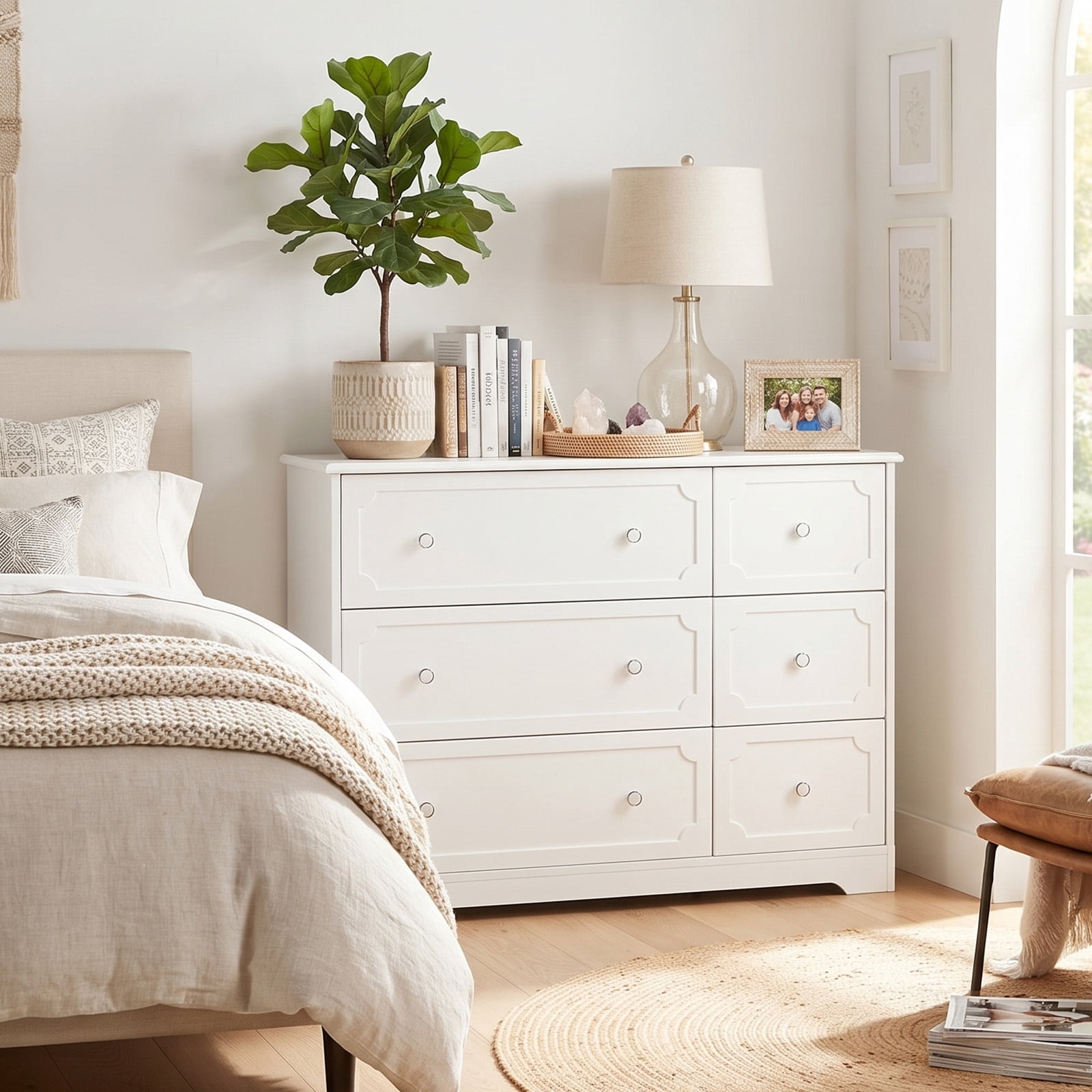 Left 3 Large Drawers + Right 3 Small Drawers MDF Painted Drawer Cabinet, White 42.52*15.75*32.28in