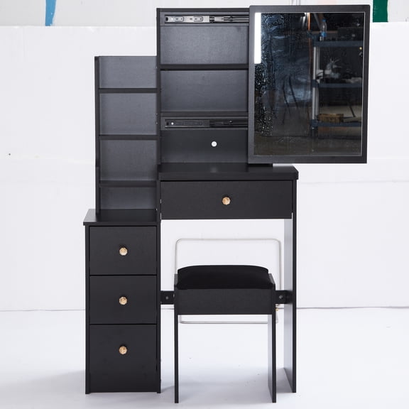 Left Bedside Cabinet Vanity In Black, With Padded Stool & Extra Large Sliding Mirror, Multi-layer Storage For Tight Spaces Small Bedroom Table Cushioned Unit, , , Ul Approved Design