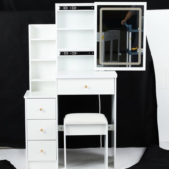 Left Bedside Dressing Table with 3-color Switching Mirror / Designed for Small Spaces, Inspected Boards