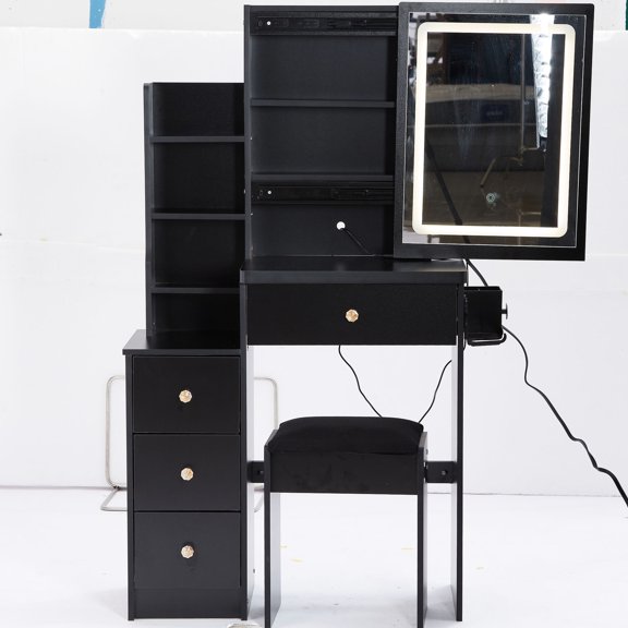 Left Bedside Vanity Set with 2 AC Power Sources / Designed for Small Rooms, Multiple Device Use