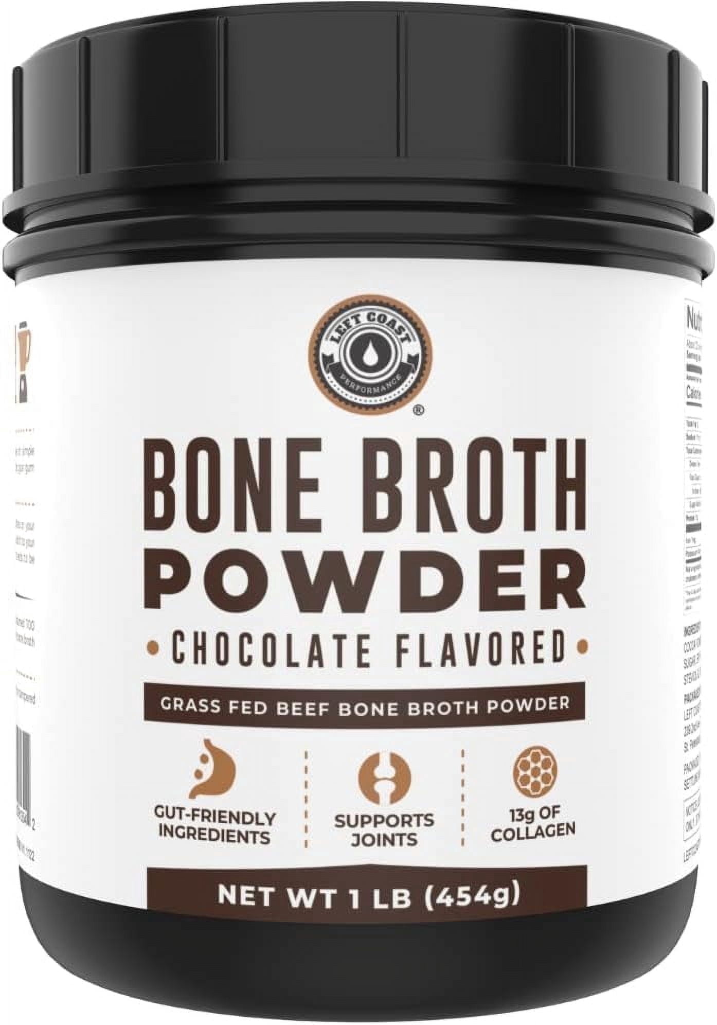 Left Coast Performance Grass Fed Beef Bone Broth Protein Powder with Collagen for Joint Support, Chocolate, 16 oz