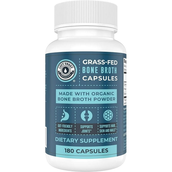 Left Coast Performance Grass-Fed Bone Broth Beauty Capsules with Organic Bone Broth Concentrate | Gut-friendly ingredients | 180 Ct