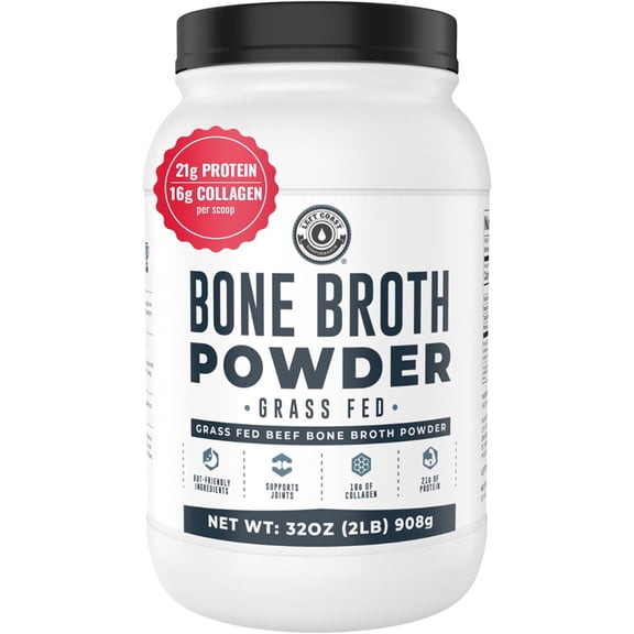 Left Coast Performance Grass Fed Beef Bone Broth Protein Powder with Collagen for Joint Support, Unflavored, 32 oz