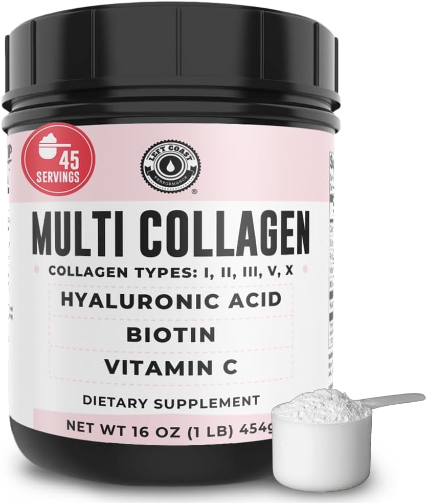 Left Coast Performance Multi Collagen Peptides Powder with Hyaluronic Acid and Vitamin C, 16 oz