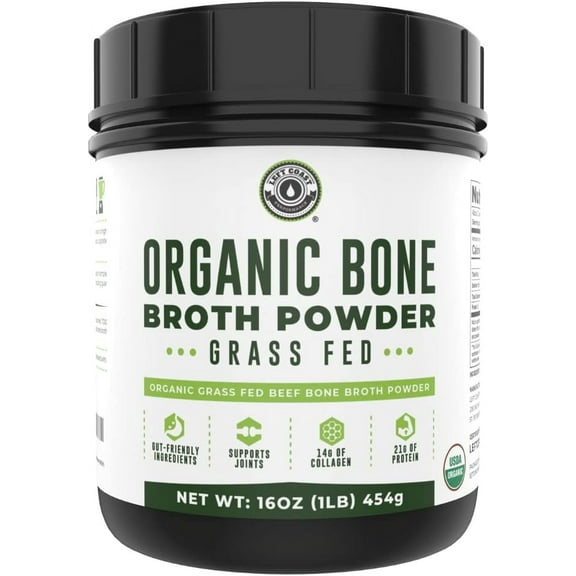 Left Coast Performance Organic Bone Broth Powder | Grass Fed + Keto USDA Organic Protein Powder with Collagen | 21 Servings, 16oz