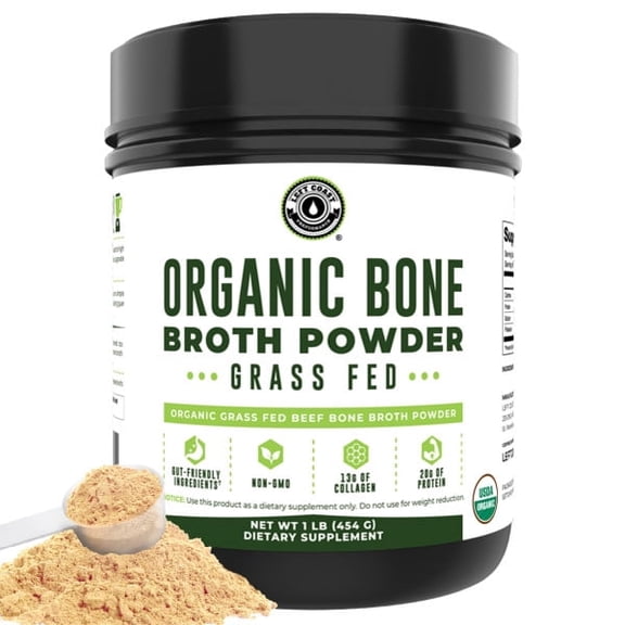 Left Coast Performance Grass Fed Beef Bone Broth Protein Powder with Collagen for Joint Support, Organic, 16 oz