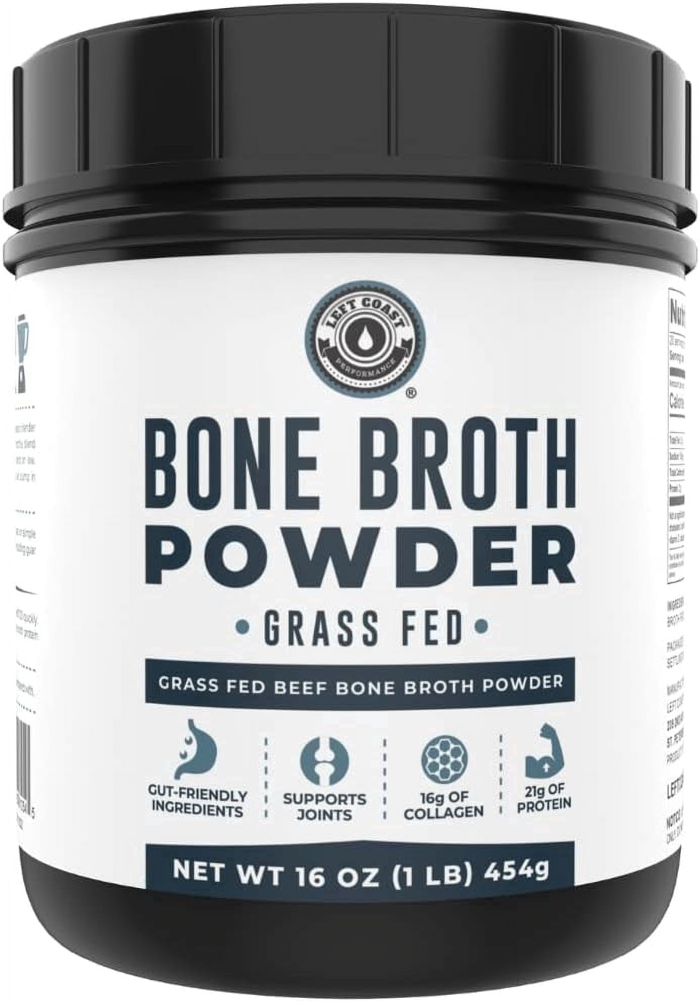 Left Coast Performance Grass Fed Beef Bone Broth Protein Powder with Collagen for Joint Support, 16 oz