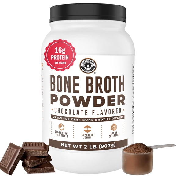 Left Coast Performance Grass Fed Beef Bone Broth Protein Powder with Collagen for Joint Support, Chocolate, 2 lb