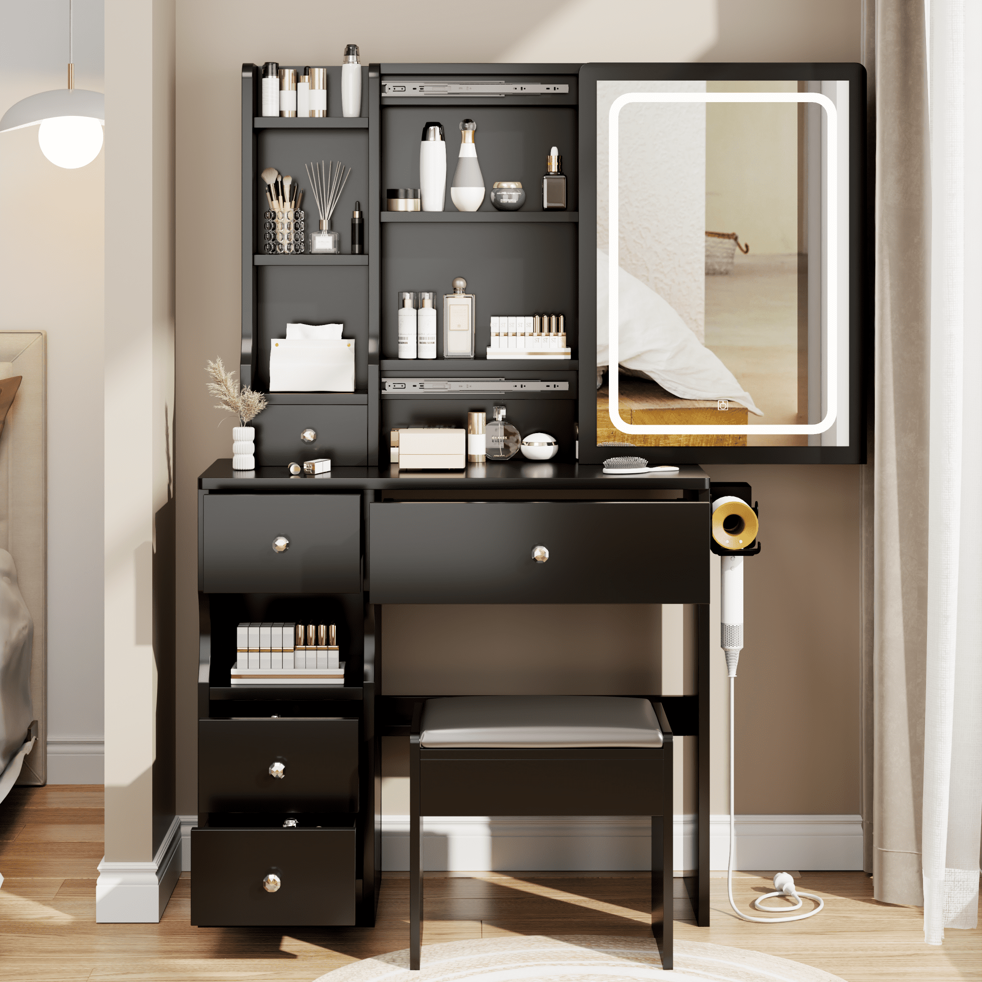 Left Drawer Desktop Vanity Table + Cushioned Stool Touch Control Sliding LED Mirror