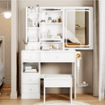 thumbnail image 1 of Left Drawer Desktop Vanity Table + Cushioned Stool, With 2 AC + 2 USB Socket, Extra Large Sliding LED Mirror, Touch Control, Tri-color, Brightness Adjustable, Large Size Desktop, Multi-layer Storage, 1 of 8