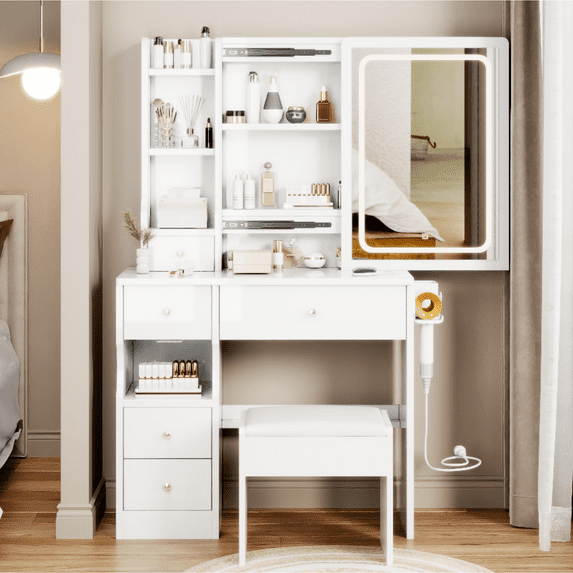 Left Drawer Desktop Vanity Table + Cushioned Stool, With 2 AC + 2 USB Socket, Extra Large Sliding LED Mirror, Touch Control, Tri-color, Brightness Adjustable, Large Size Desktop, Multi-layer Storage