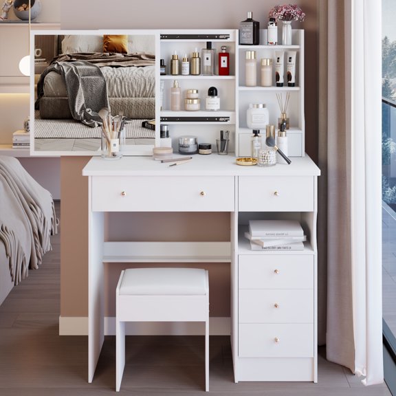 Left Drawer Desktop Vanity Table With Cushioned Stool And Extra Large Right Sliding Mirror，Middle
