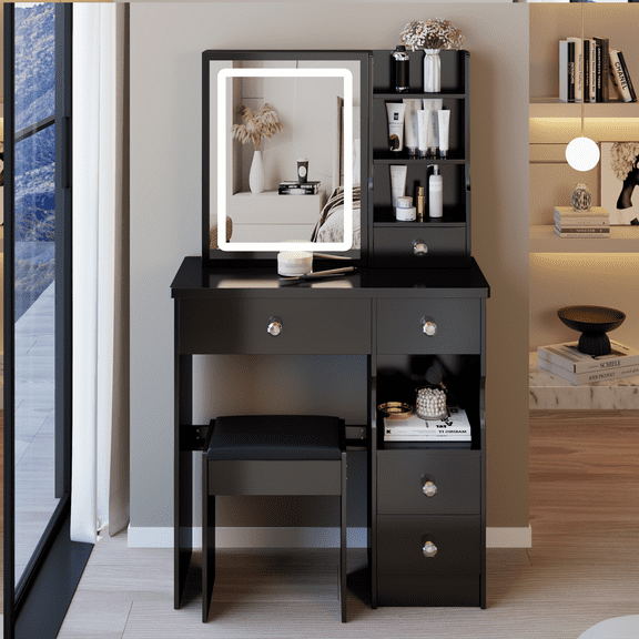 Left Drawer Desktop Vanity Table With Cushioned Stool, Large Storage, LED Mirror
