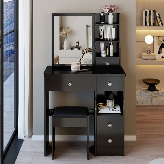 Left Drawer Desktop Vanity Table With Cushioned Stool, Right Sliding Mirror, High Capacity Storage Dresser