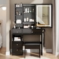 thumbnail image 1 of Left Drawer Vanity Desk with Extra Large Touch Control Sliding LED Mirror and 2 AC + 2 USB Socket, Modern Wood Makeup Table Dressing Table with Upholstered Stool, 1 of 7