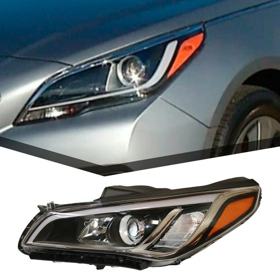 Left Driver Side Headlight Assembly for 2015-2017 Hyundai Sonata - Halogen, Direct Replacement, Clear Lens, Chrome Housing
