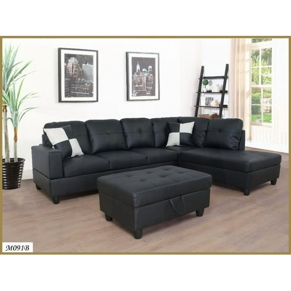 Left-Facing 3PC Sectional Sofa Set with Storage Ottoman - Italian Minimalist Faux Leather & Microfiber for Living Room