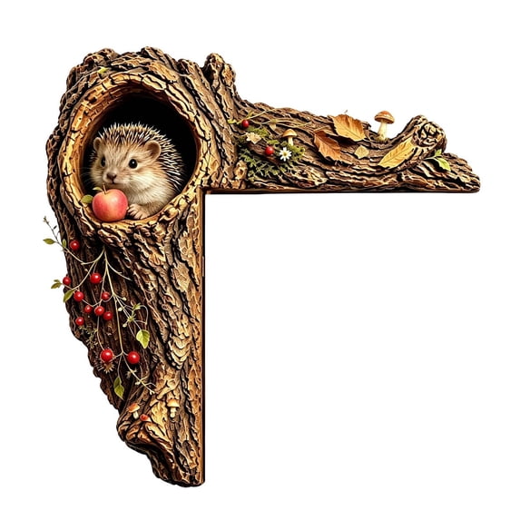 Left-Facing Hedgehog Door Corner Decoration, 2D Wood Tree Hole L Shape ...