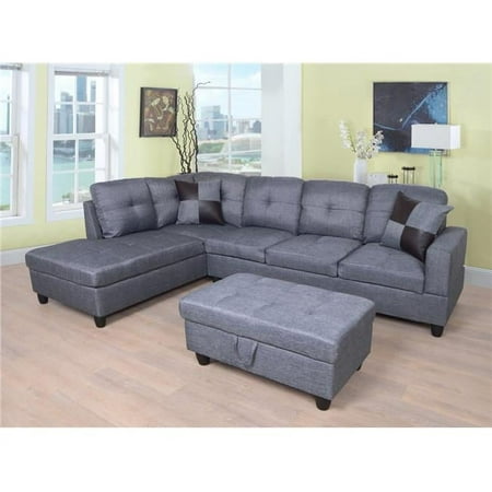Left Facing Sectional Sofa Set - Linen, Light Grey - 3 Piece